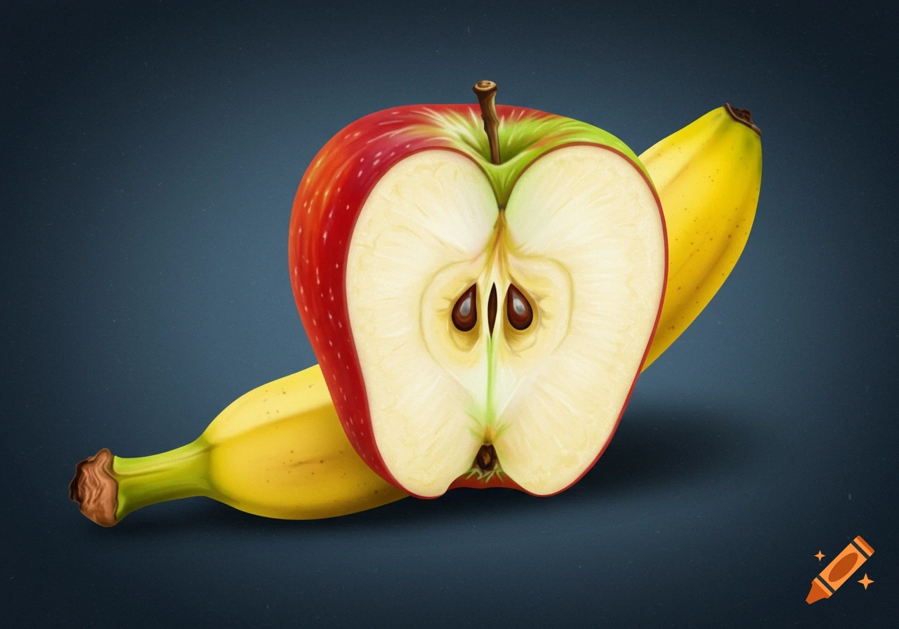 A halved apple in front of a banana.