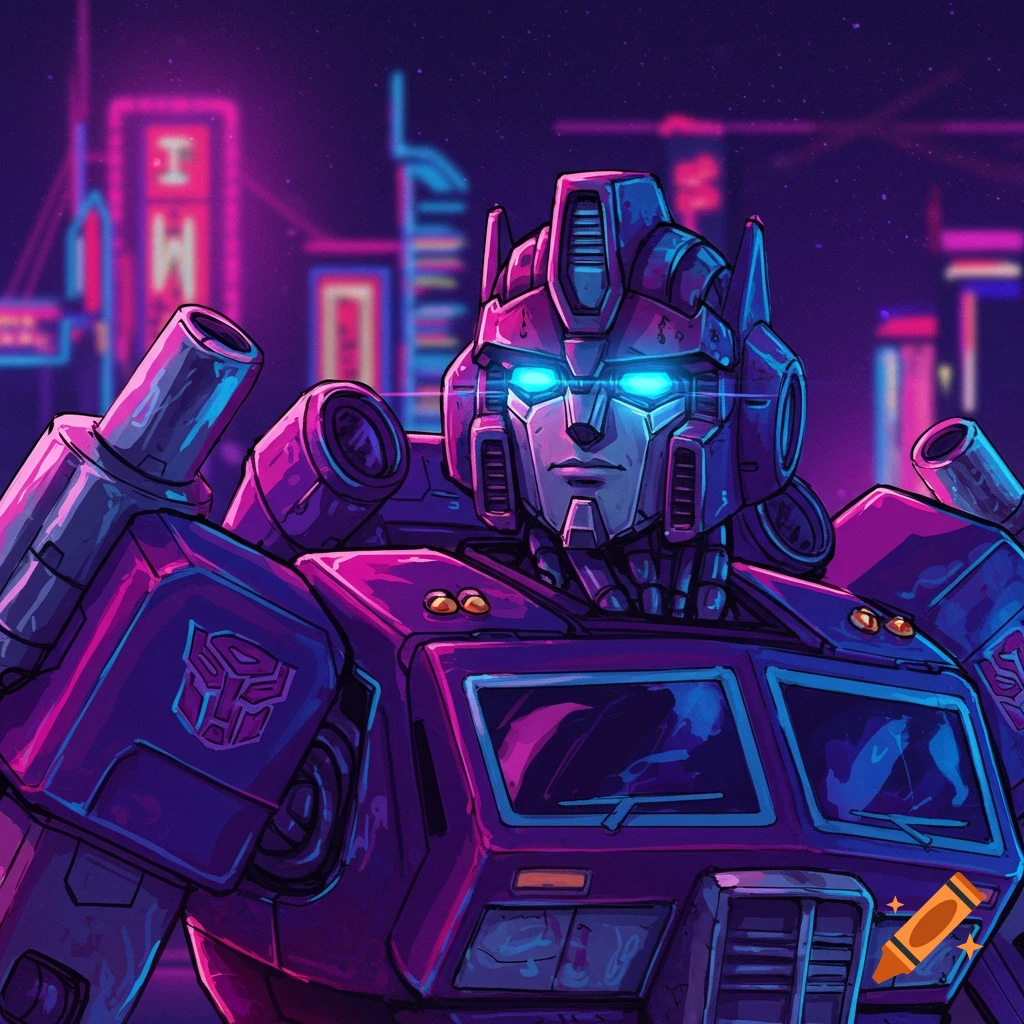 Optimus Prime in a neon cyberpunk city.