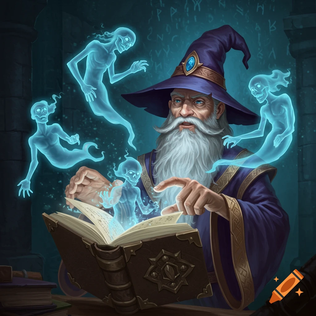A wizard is summoning glowing blue ghosts from a book in a stone room.