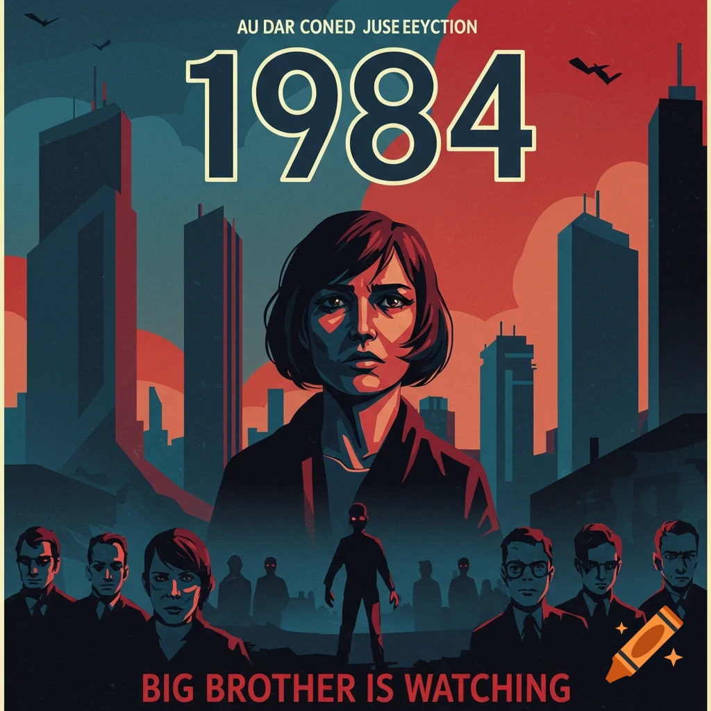 A graphic illustration poster for the book 1984, featuring a woman's face, city buildings, and figures.