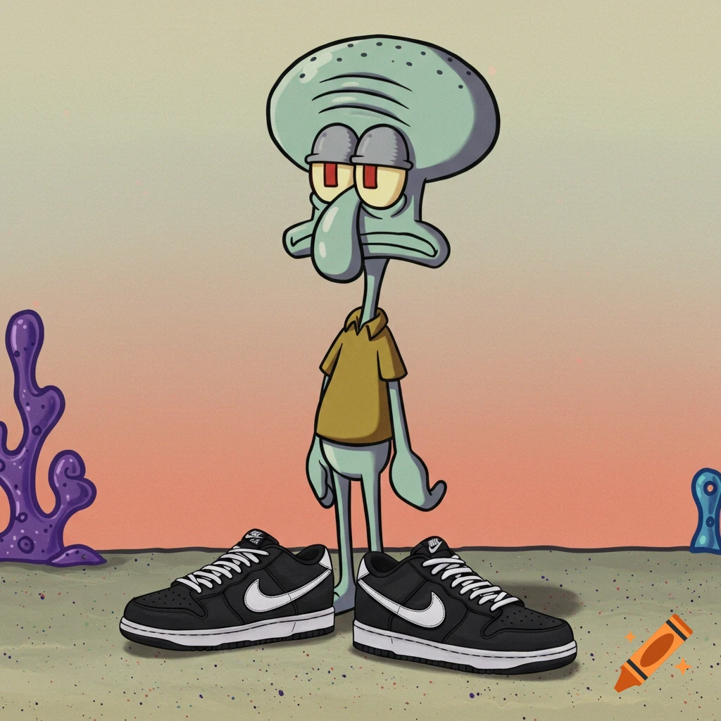 Squidward stands between two pairs of black Nike sneakers.