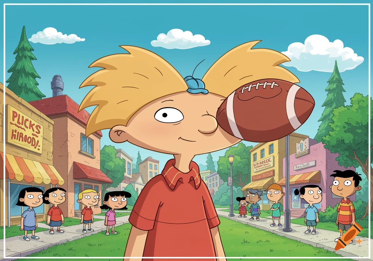 Cartoon of Arnold from Hey Arnold! with a football, standing on a street with other characters and buildings.