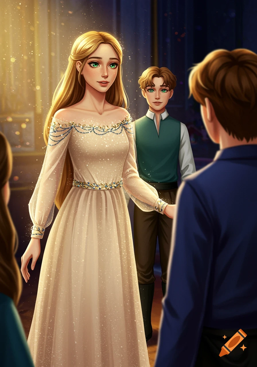 a woman in a shimmering dress talking to two men.