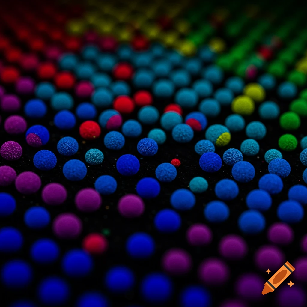 Close-up photo of rows of small, textured dots in various bright colors on a dark background.