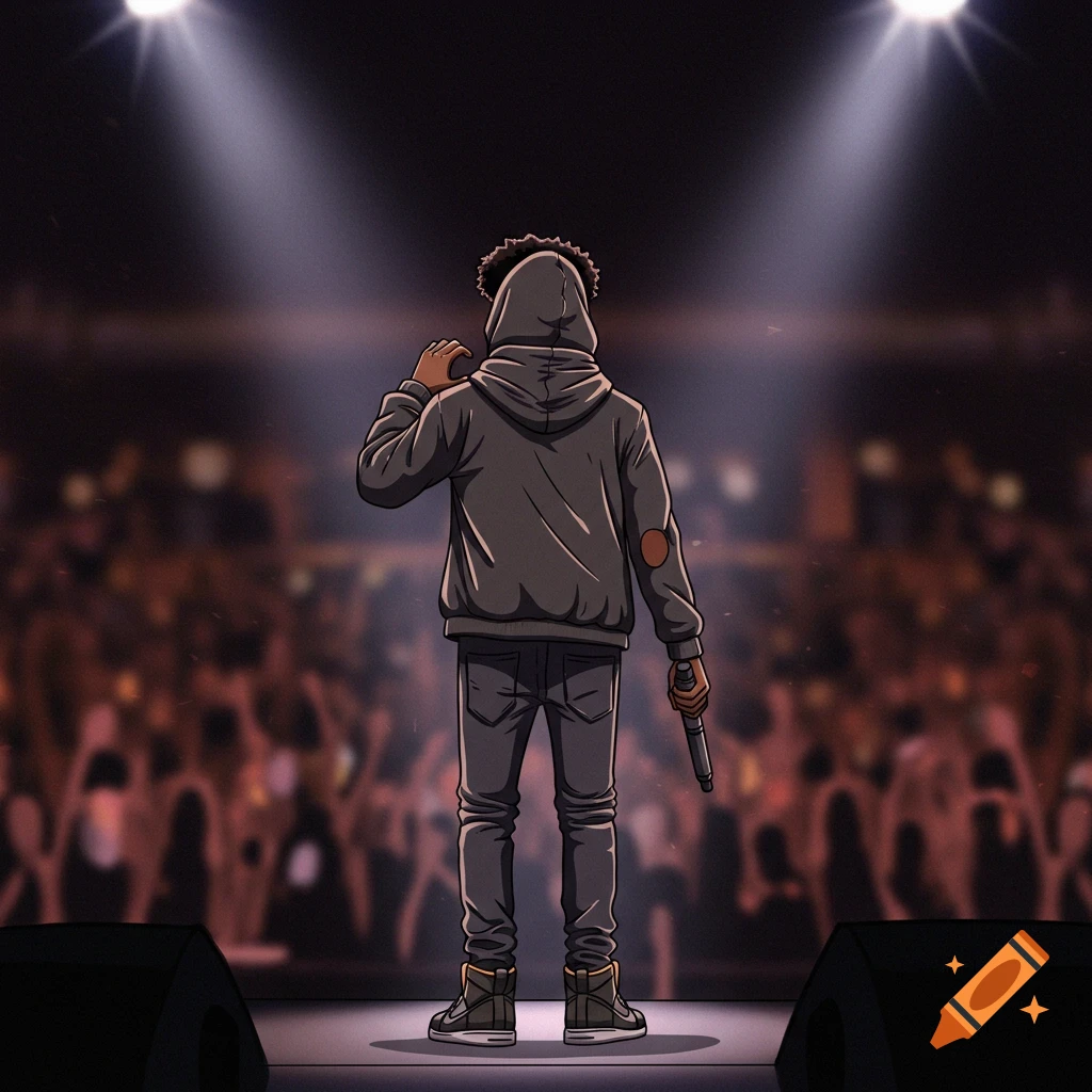 Cartoon illustration of a person in a hoodie on stage facing away from a blurry crowd, holding a microphone.