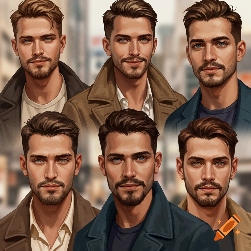 Six images of men with brown hair, blue eyes, subtle beards, and mustaches, wearing jackets.