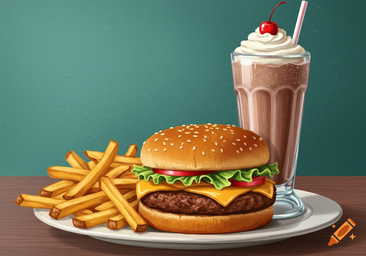 A cheeseburger, fries, and chocolate milkshake on a plate.