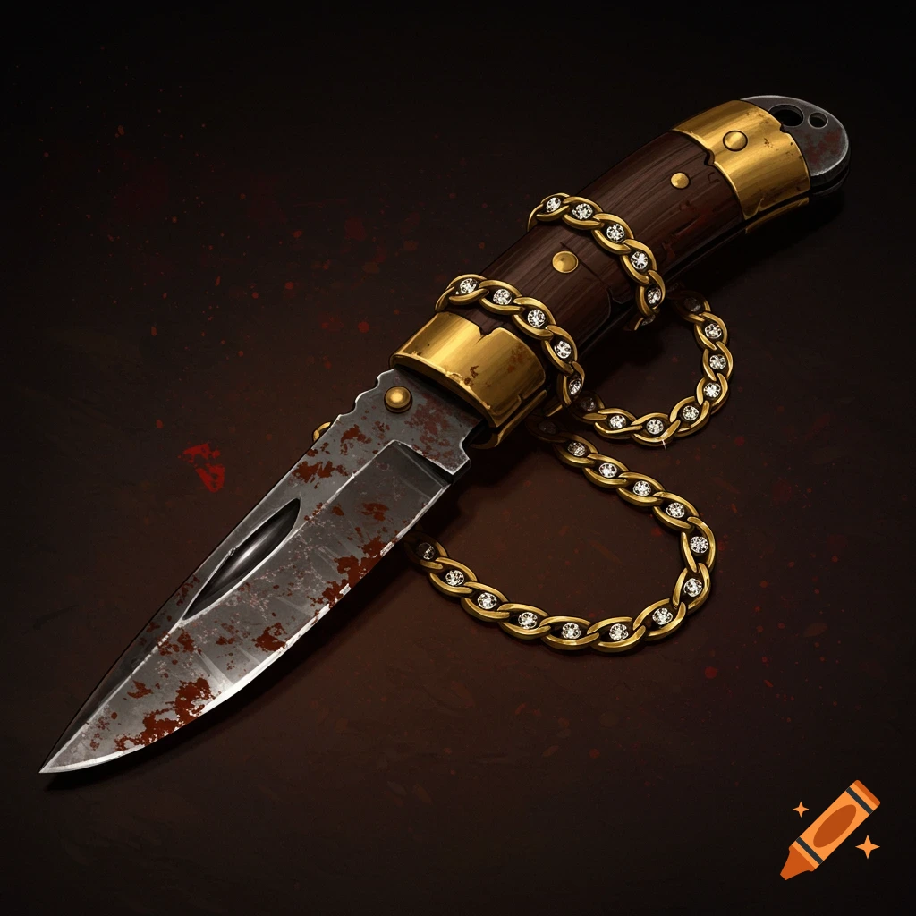 A rusty switchblade knife with a gold and diamond chain wrapped around the handle.