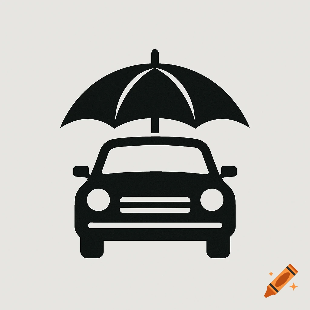 A black silhouette logo featuring a car viewed from the front with an umbrella covering it.