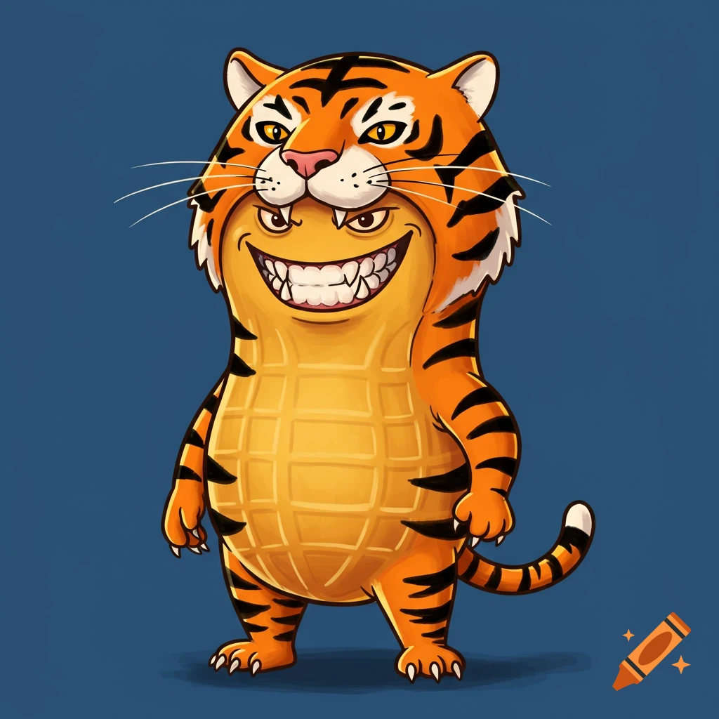 A cartoon peanut character with a wide grin wears a tiger costume