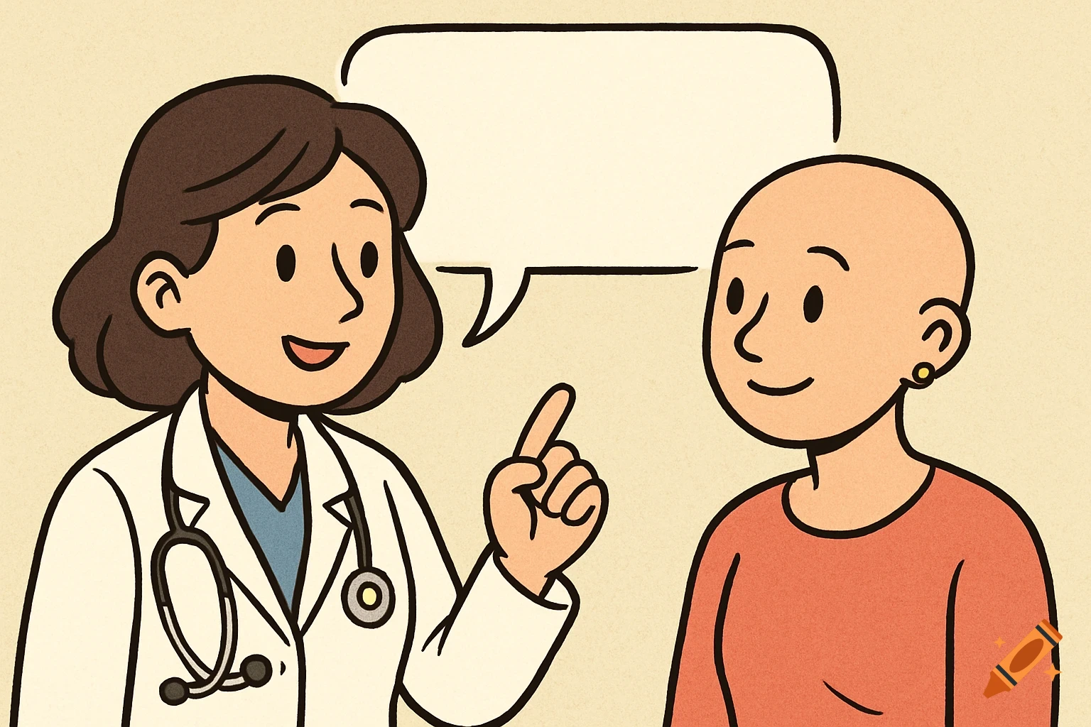 A cartoon illustration of a doctor talking to a bald patient with an empty speech bubble.