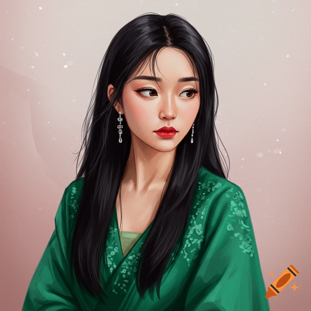 A woman with long black hair in green traditional clothing