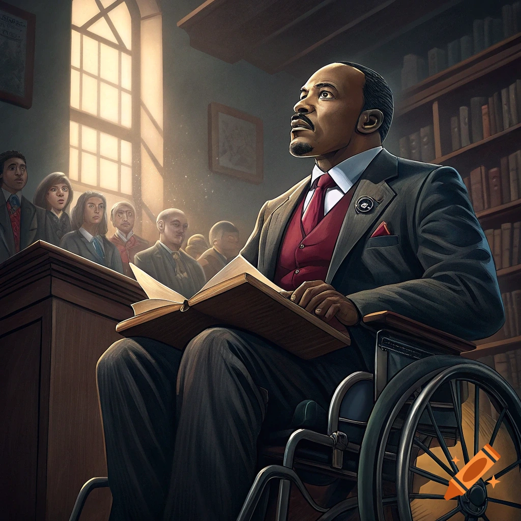 Man in suit and wheelchair reads a book in a library before an audience.