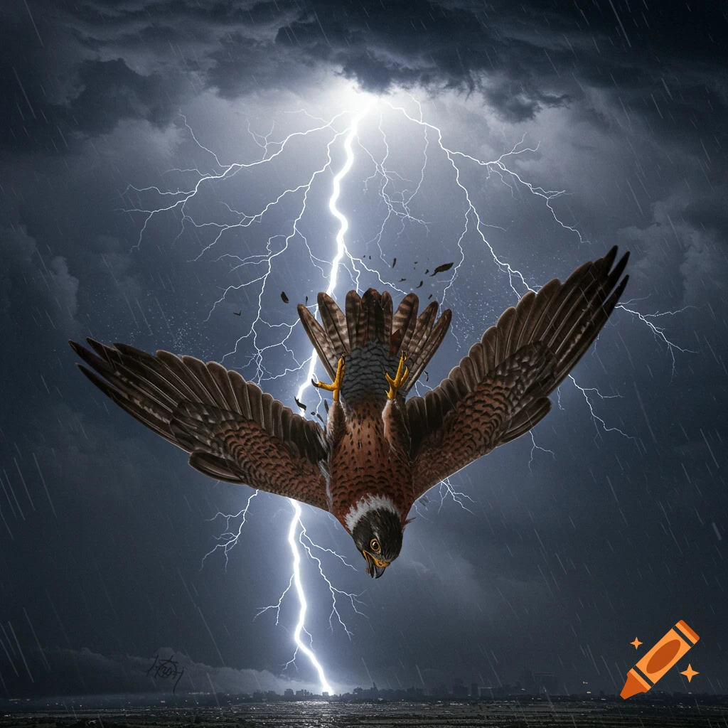 A falcon plummets through a lightning storm with rain.