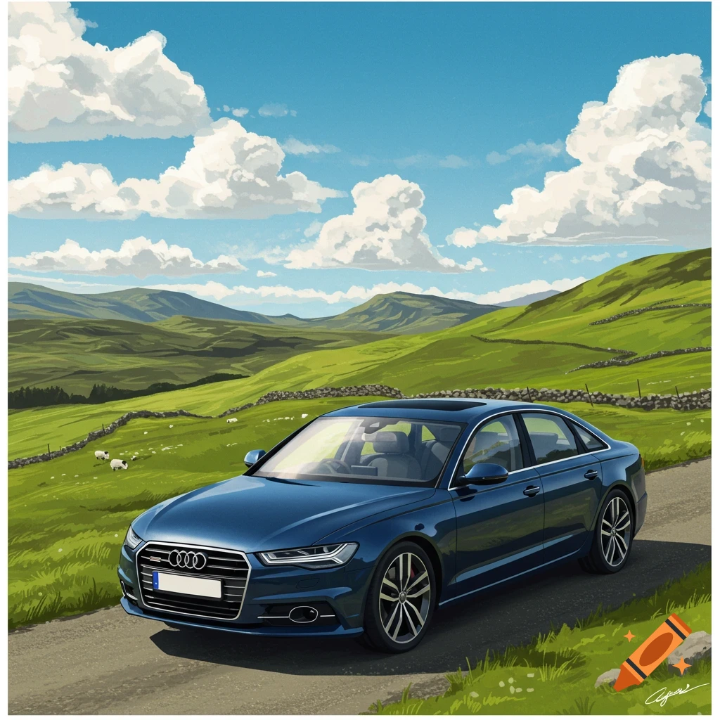 Blue Audi A6 car on a road in rolling green hills under a cloudy blue sky.