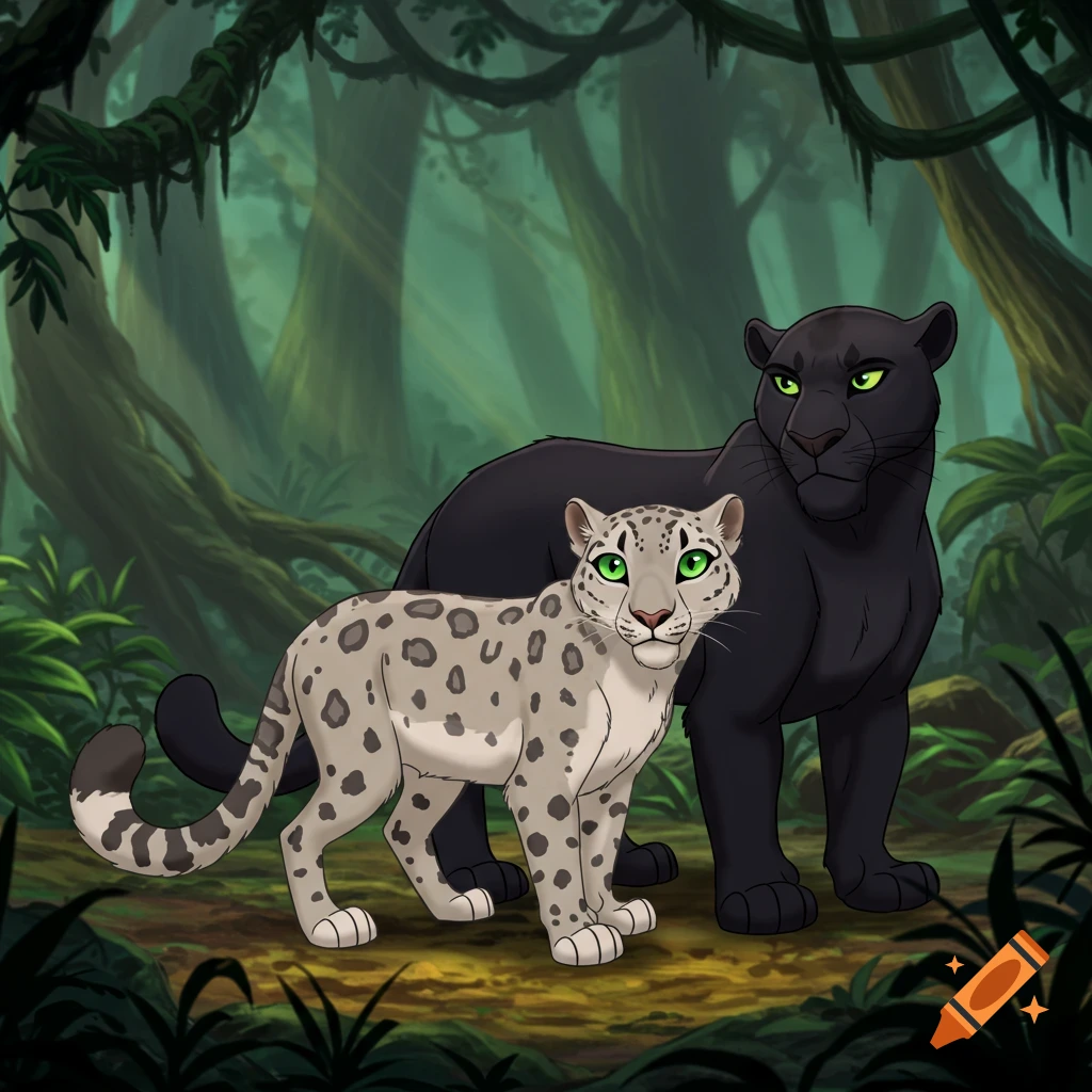 A snow leopard and a black panther stand together in a cartoon jungle.