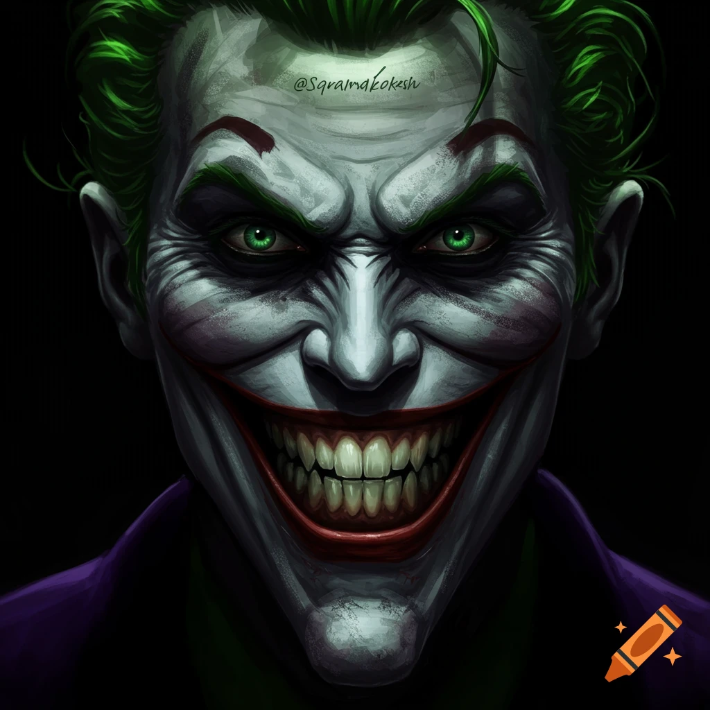 Close-up of The Joker's face with green hair and wide smile.