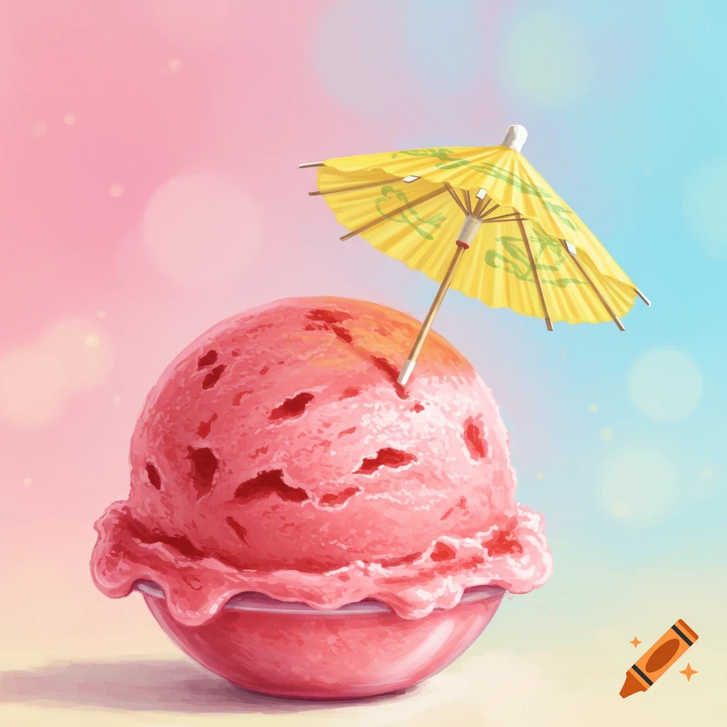A scoop of pink ice cream in a pink bowl with a yellow cocktail umbrella against a pastel pink and blue bokeh background.