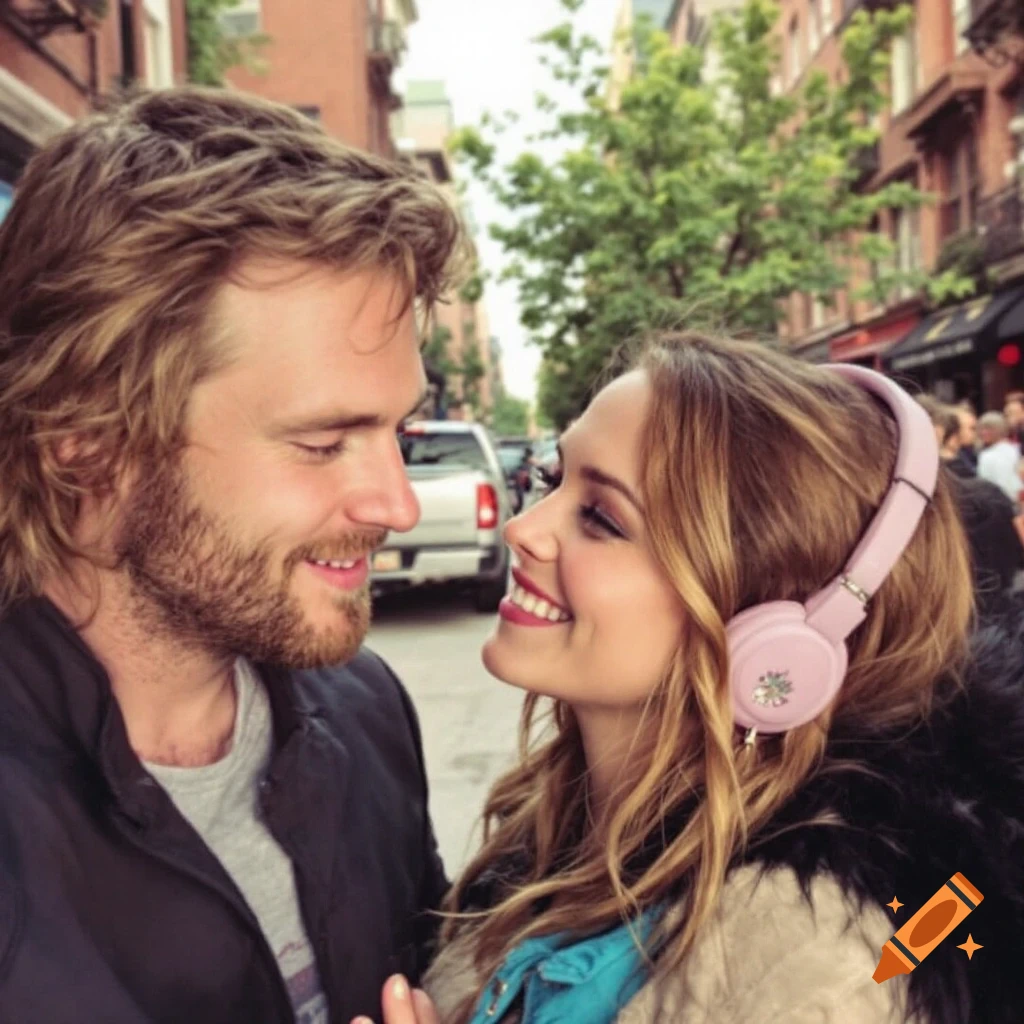 A couple smiles and looks at each other on a city street.