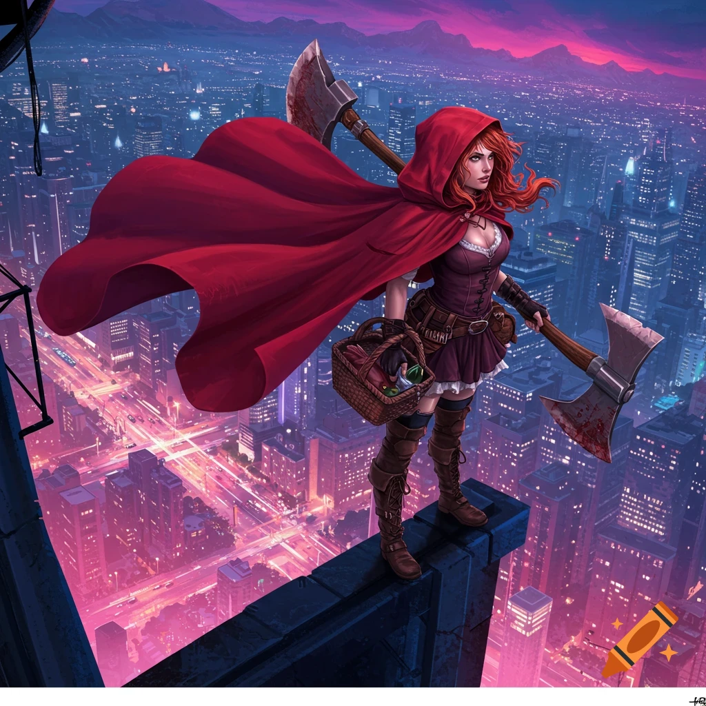 A woman in a red hood with bloody axes and a basket stands on a building rooftop overlooking a futuristic city at dusk.