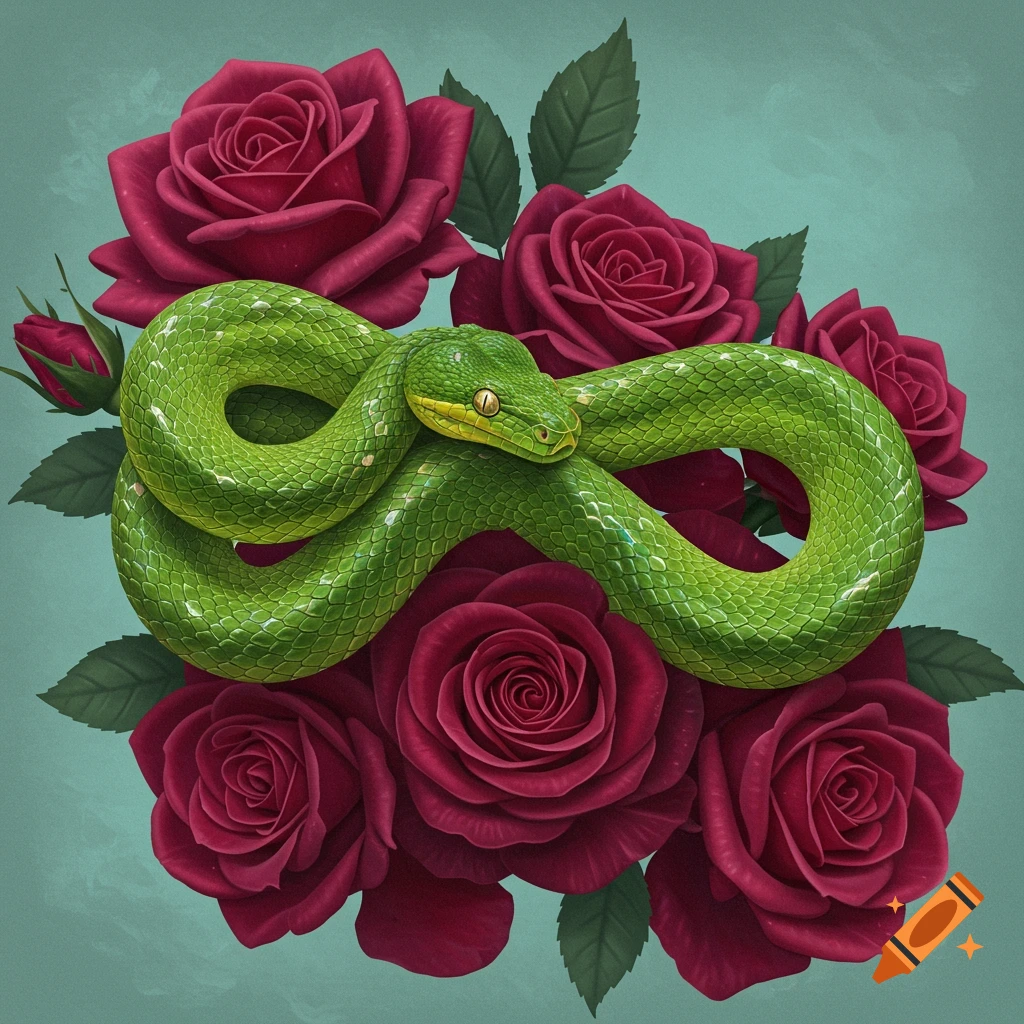 A vibrant green snake coiled among deep red roses.