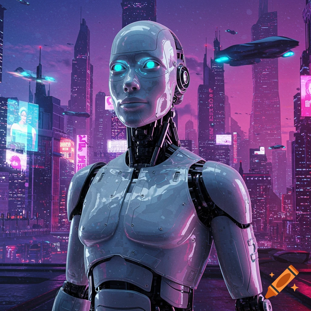 A robot stands in a futuristic city at night.