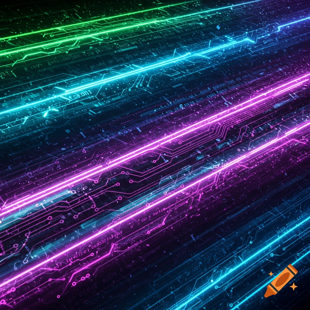 Glowing green, blue, and purple circuit board lines on a dark background.