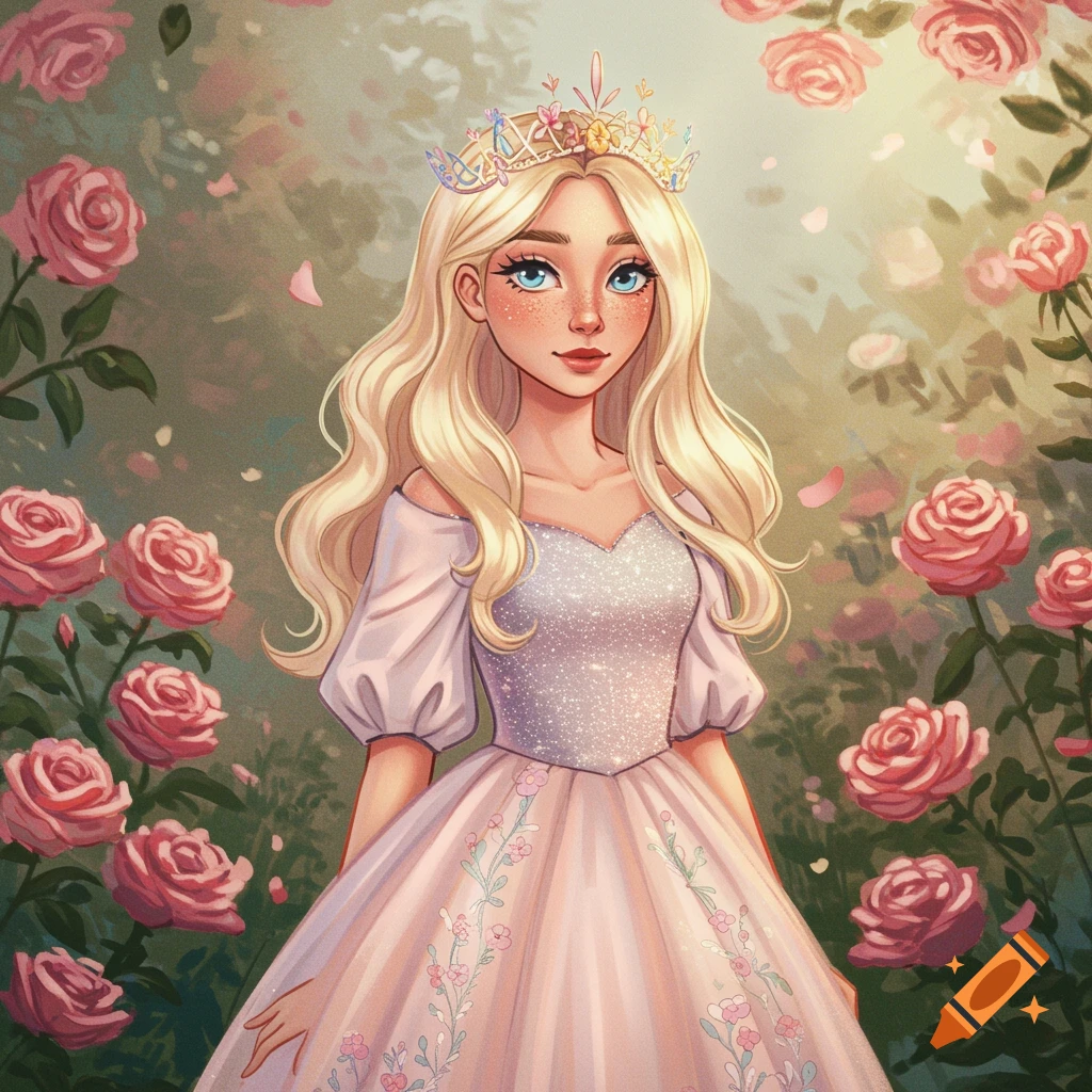 A blonde princess with a crown in a pink dress stands in a rose garden.