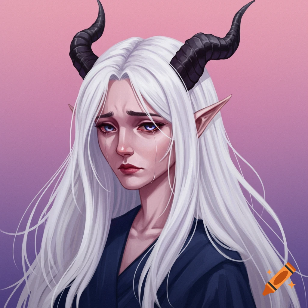 Illustration of a sad white-haired fantasy character with horns and pointed ears crying.