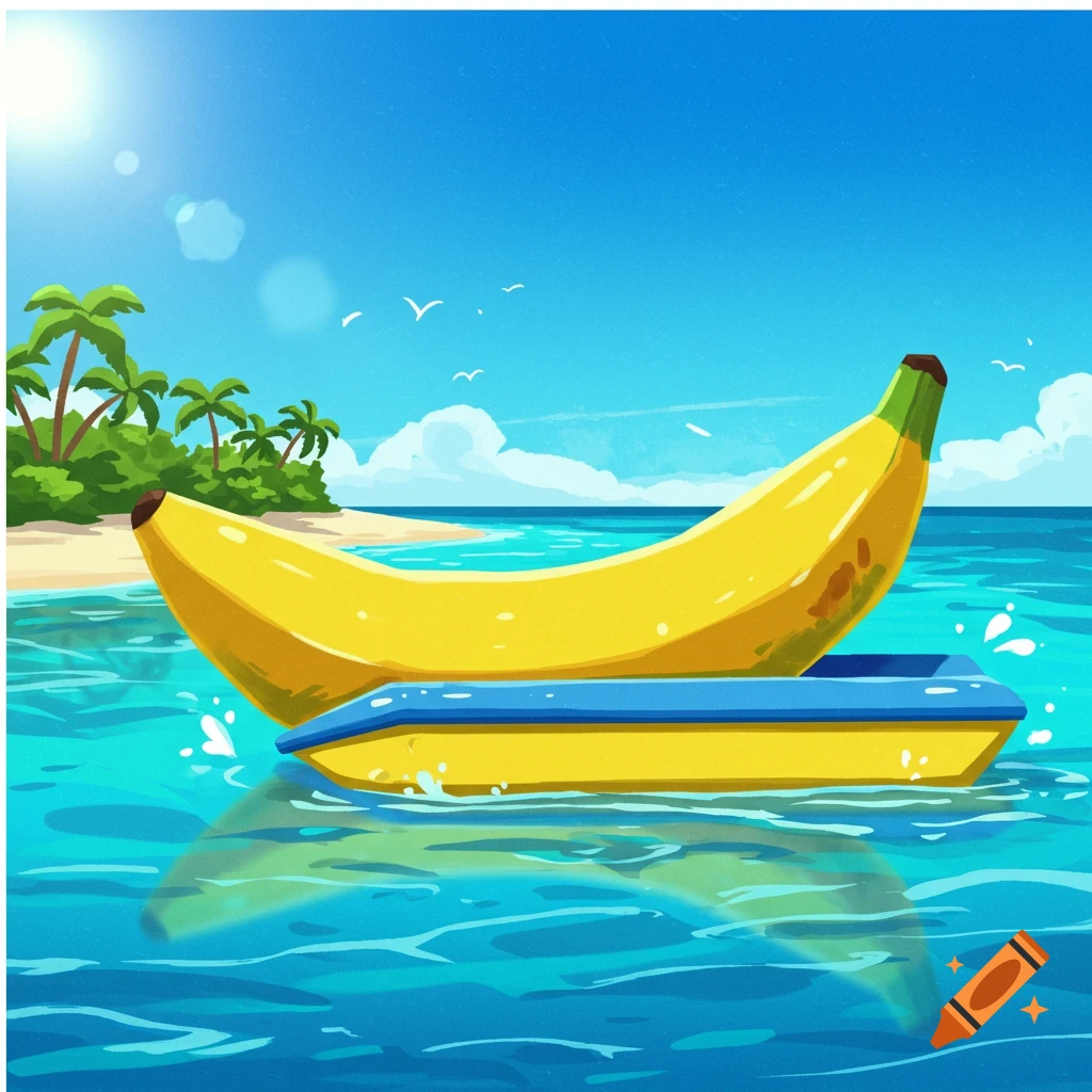 A large yellow banana floats on a small boat in the ocean near a tropical island.