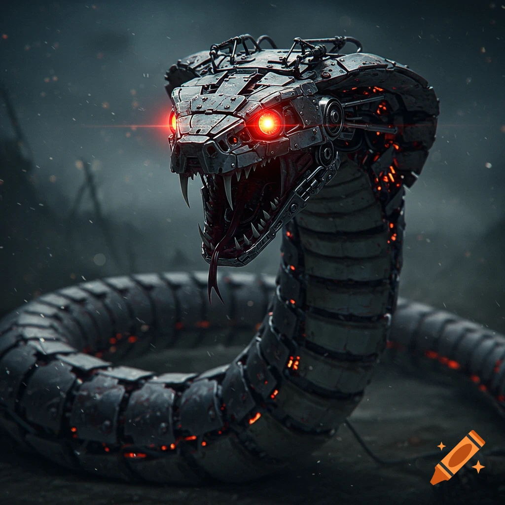A robotic cobra snake with glowing red eyes and fangs.
