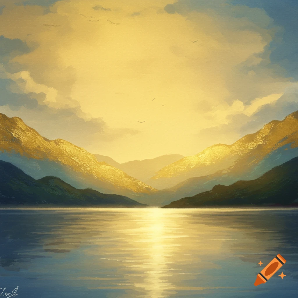 A lake reflecting golden light from the sky between two mountains at sunset or sunrise.