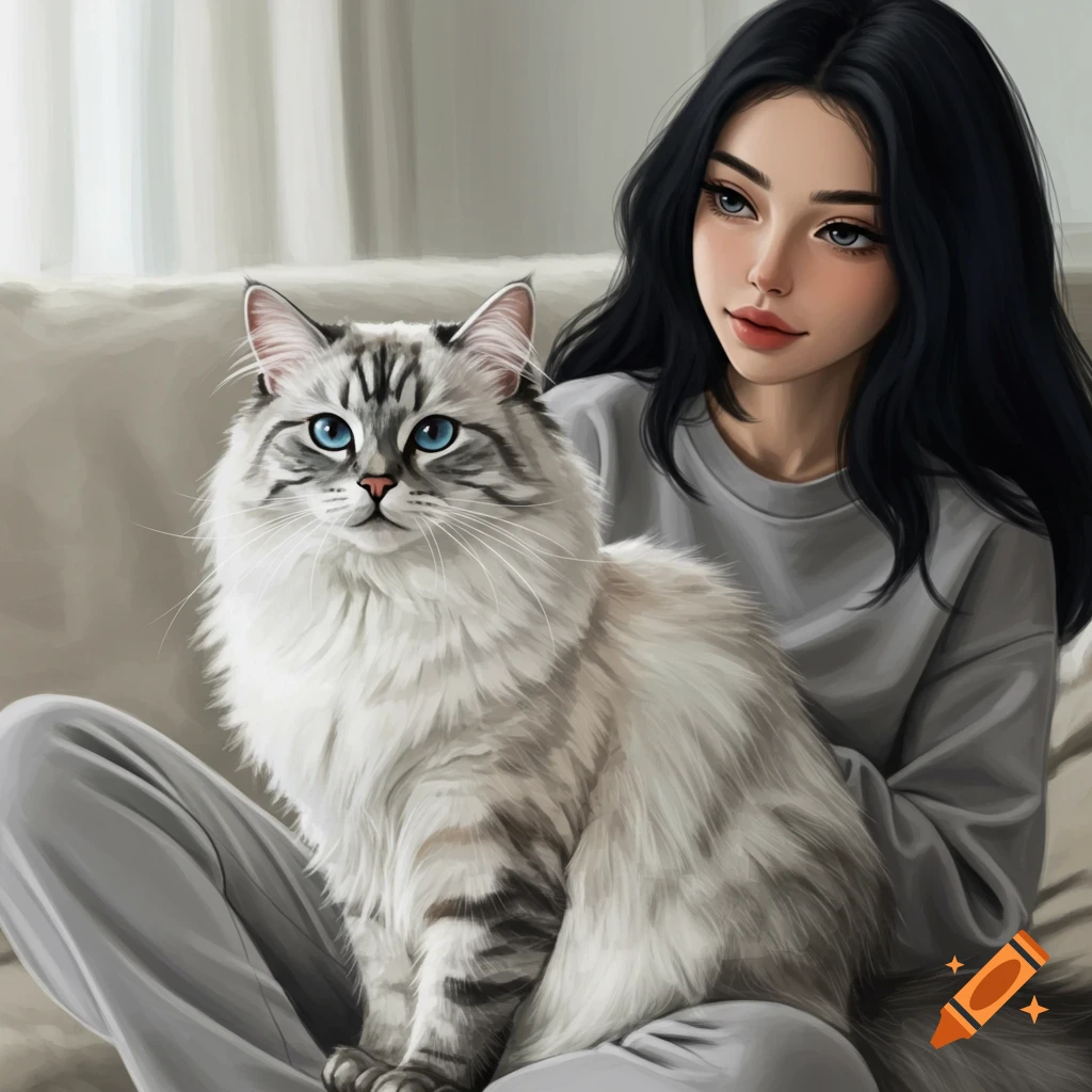 A woman and a fluffy cat sitting on a couch