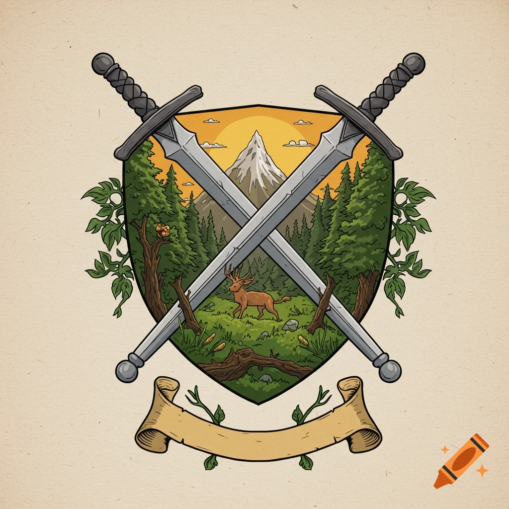 Illustration of a coat of arms with crossed swords over a forest scene and a blank banner.