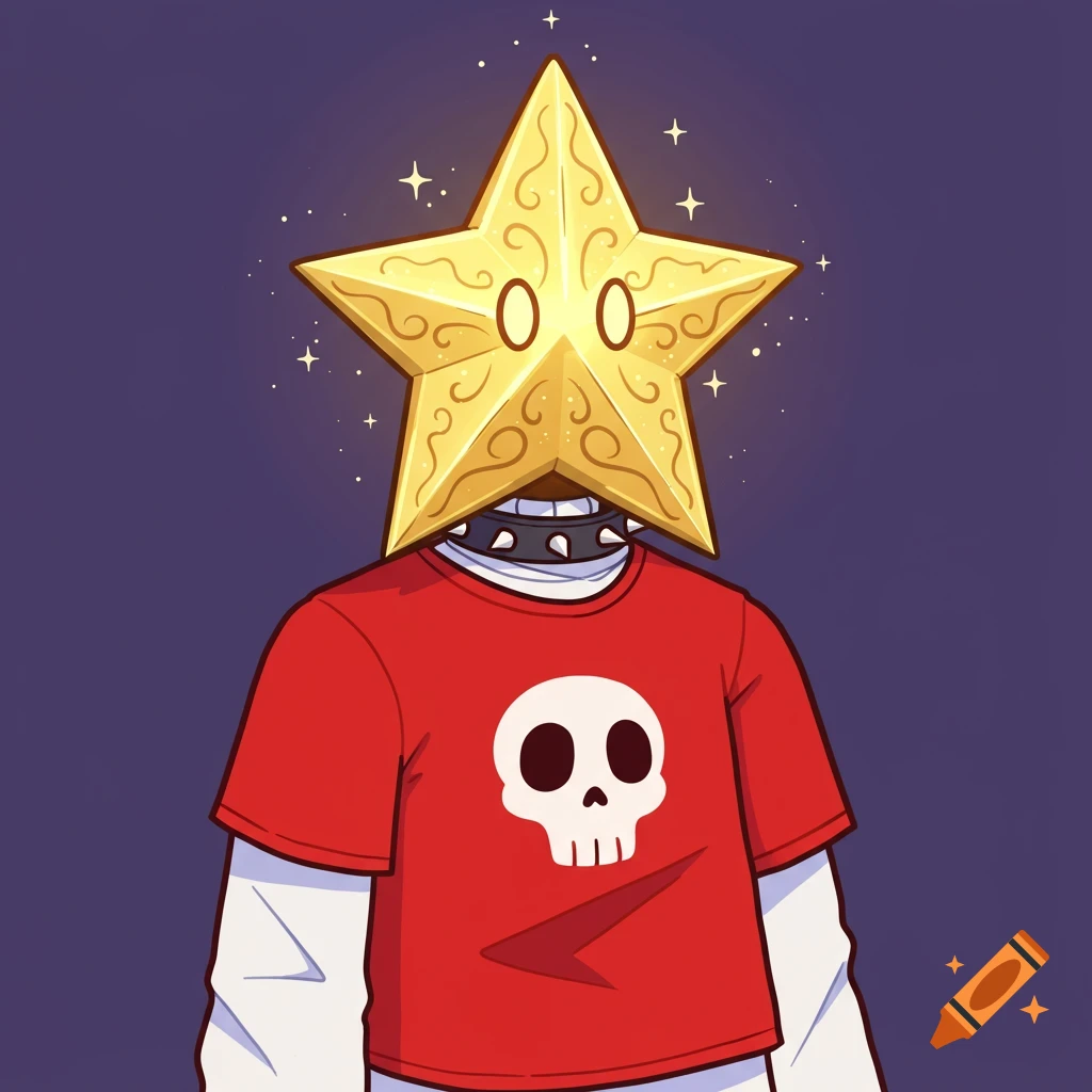 Cartoon character with a star head, spiked collar, and red t-shirt with a skull.