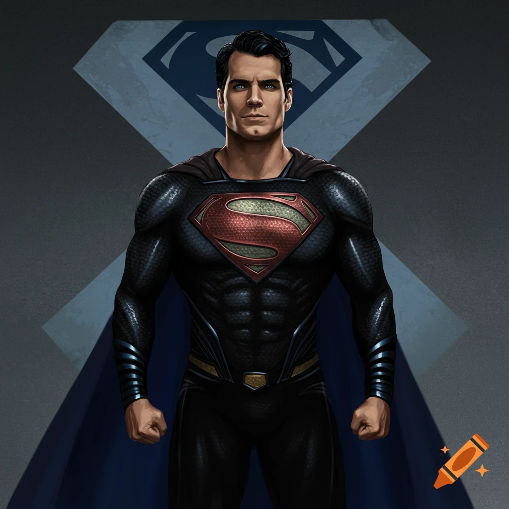 Superman wearing a black suit, red S shield, and dark blue cape, standing against a large emblem.