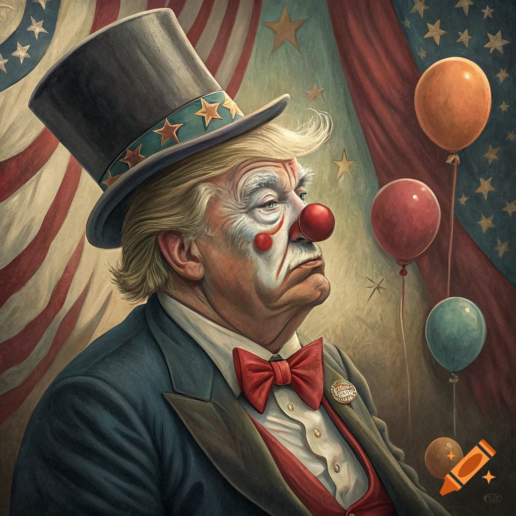 Painting of person resembling Trump as a clown in top hat, bow tie, makeup, with balloons & patriotic backdrop.