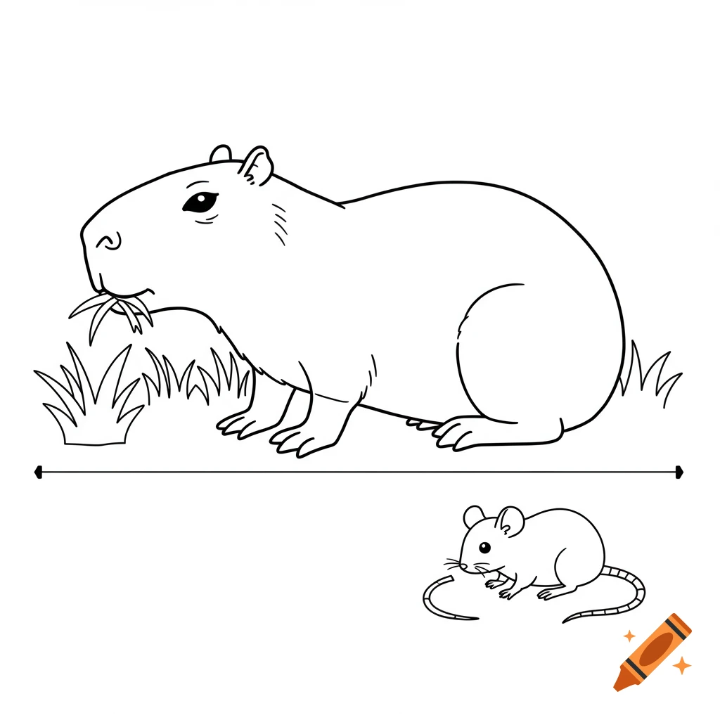 Coloring page of a capybara and a tiny mouse next to a measurement line.
