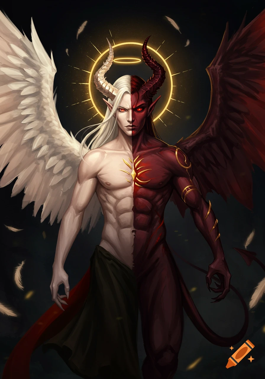 A figure split as half angel and half devil
