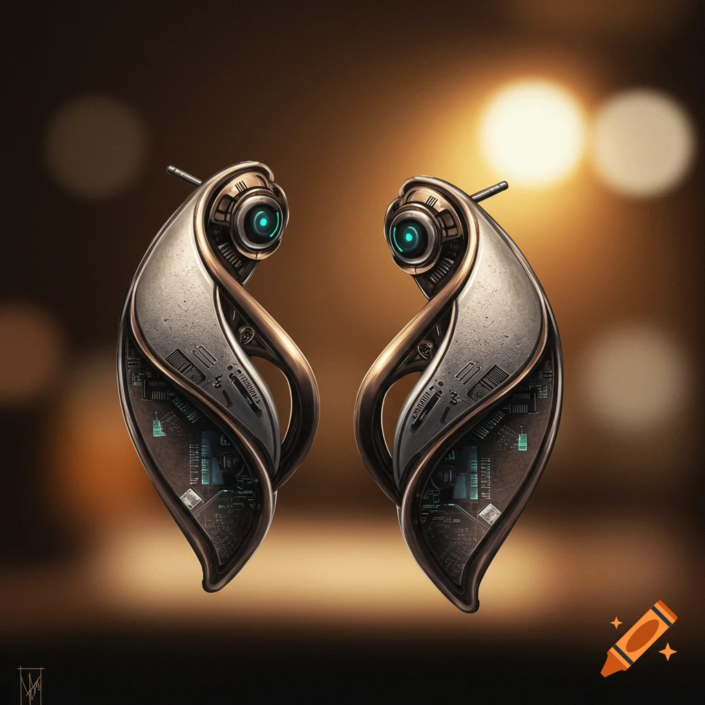 A pair of futuristic electronic earrings against a blurred background.