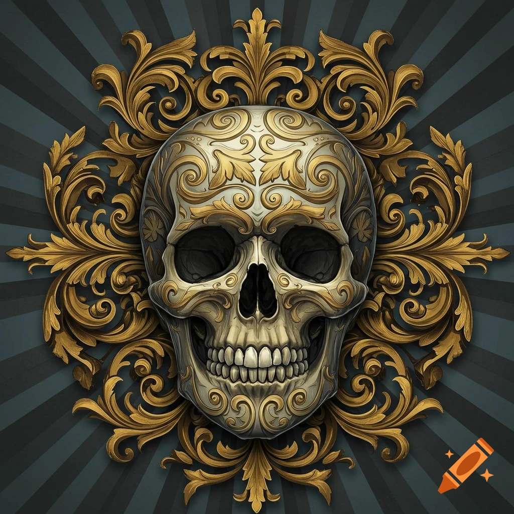 Detailed skull decorated with ornate gold scrollwork against a dark, sun-ray background.