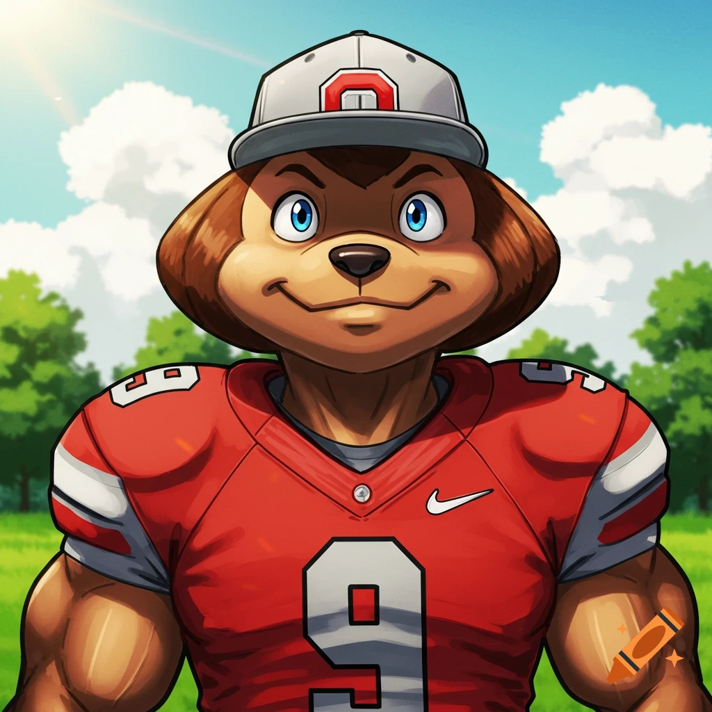 Cartoon character in a red football uniform and baseball cap.