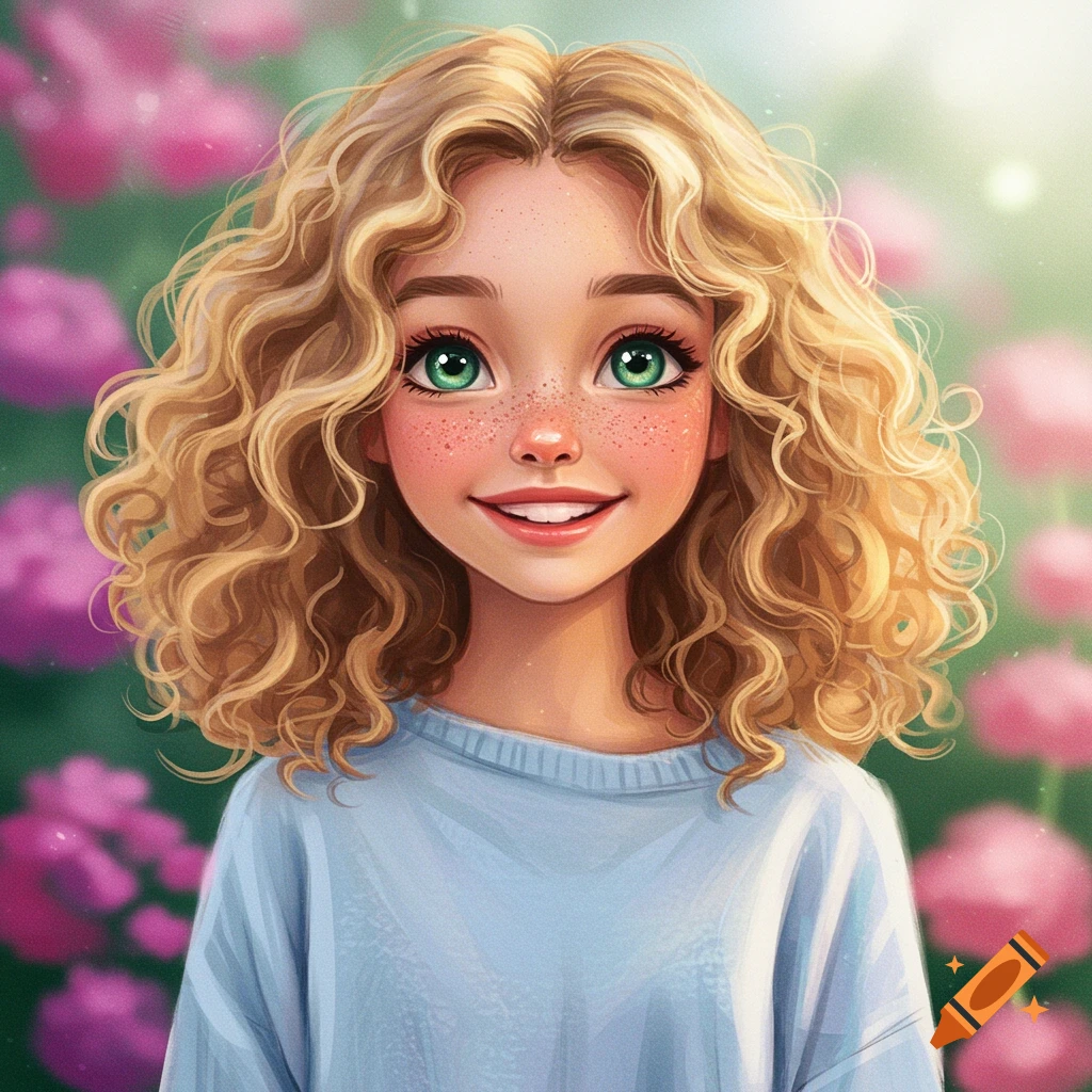 A girl with curly blonde hair, green eyes, and freckles is smiling in a garden.