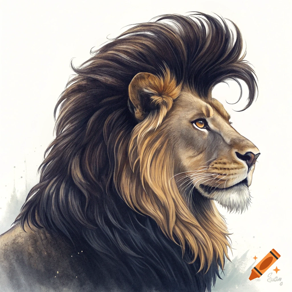 Watercolor portrait of a lion with a large, dark mane styled like Elvis hair, looking right.