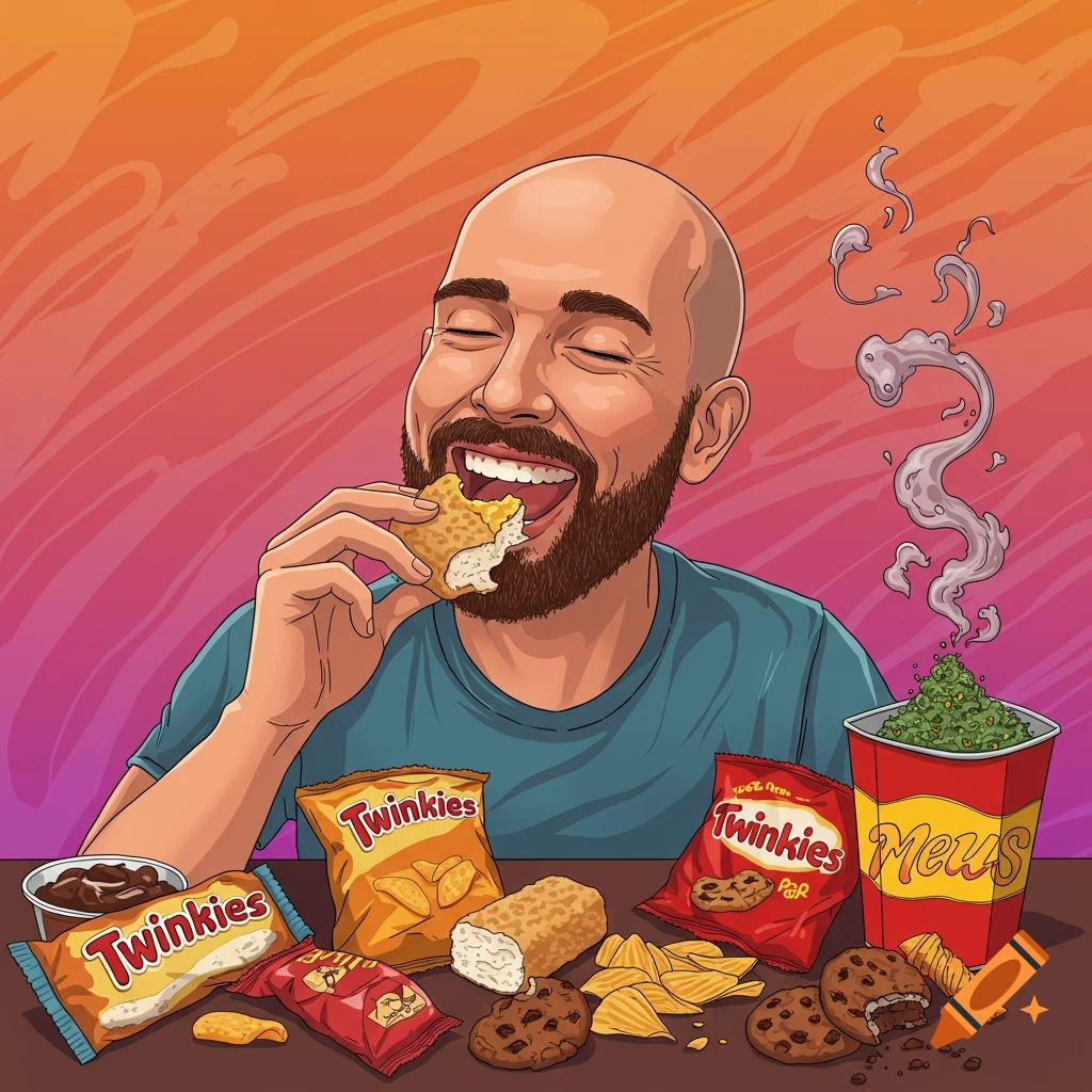 Image of a happy bald man eating a snack surrounded by Twinkies, cookies, chips, and a cup with smoke.