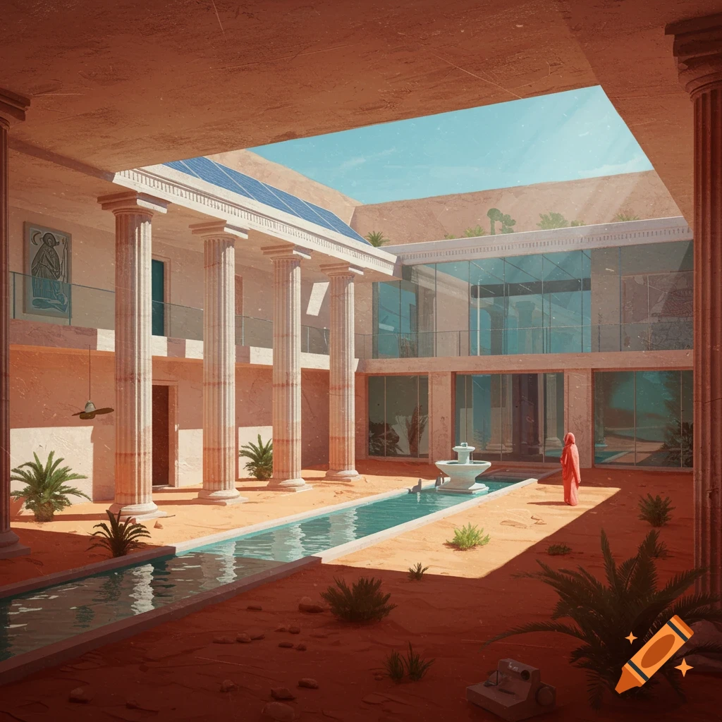 Open courtyard hybrid building with Roman columns, modern glass, and pool in a desert. Person in red robe.