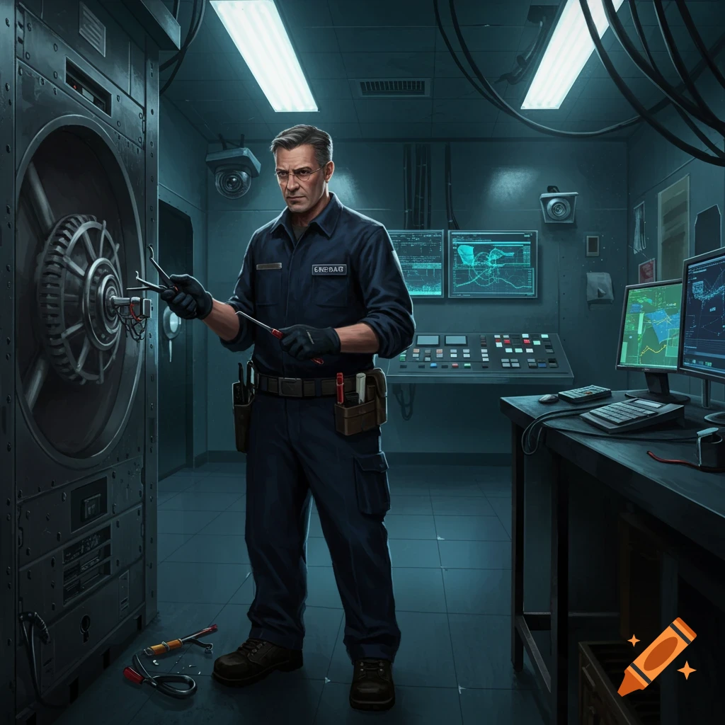 A locksmith is working on a large safe in a secure control room.