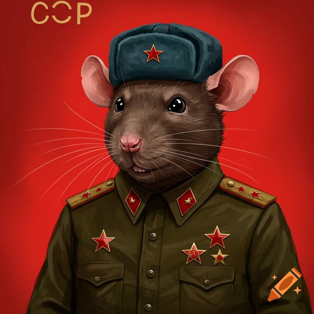 A rat in a USSR military uniform and ushanka hat.