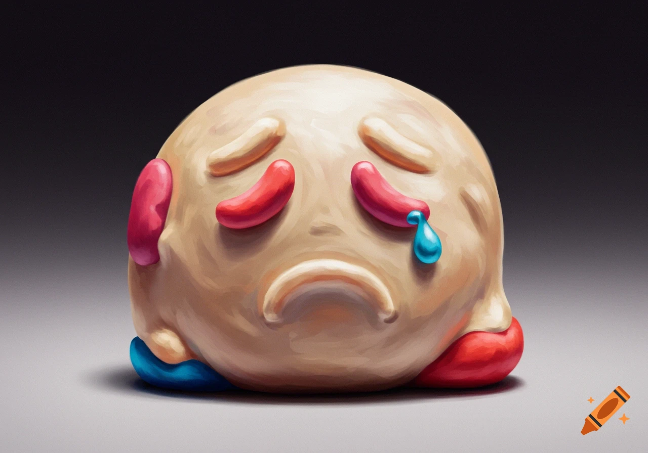 A stylized image of a sad, rounded character with a tear.