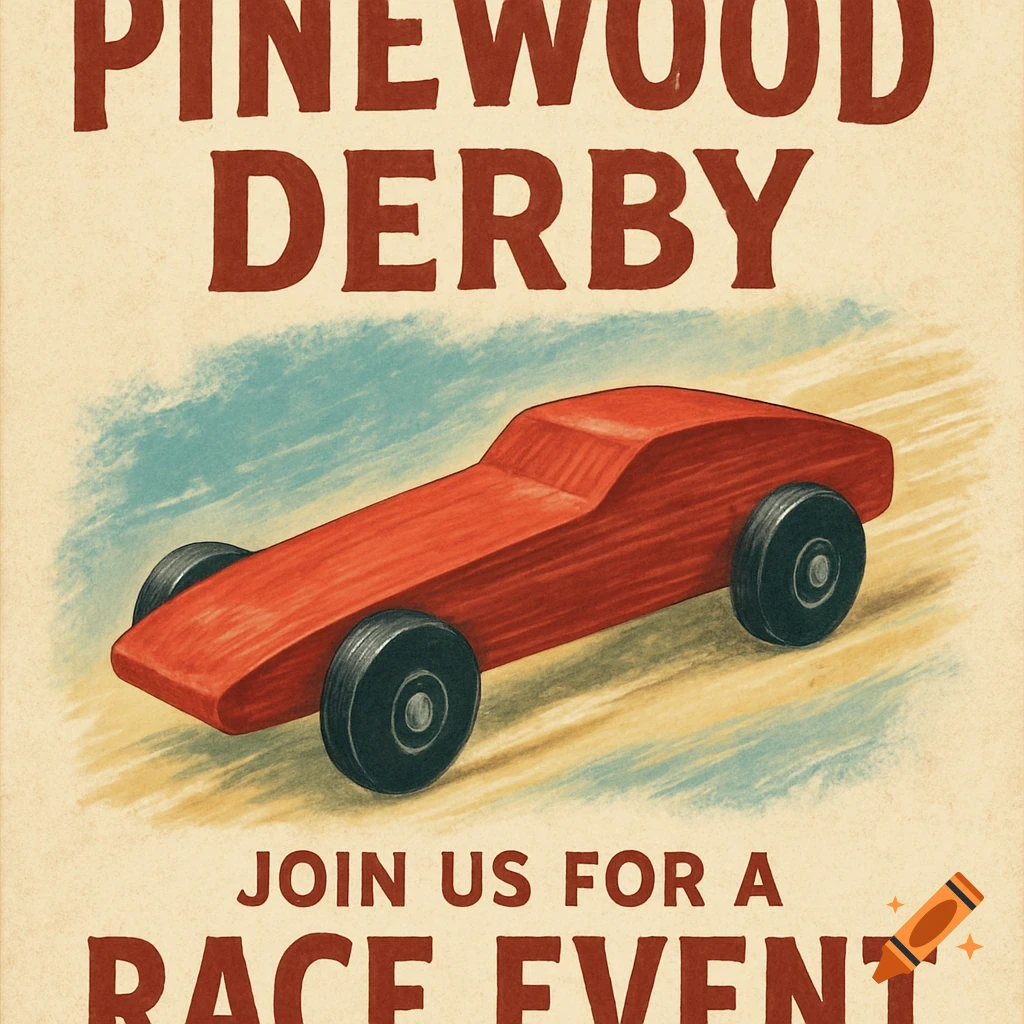 A red pinewood derby car on a stylized background with event text like a flier.